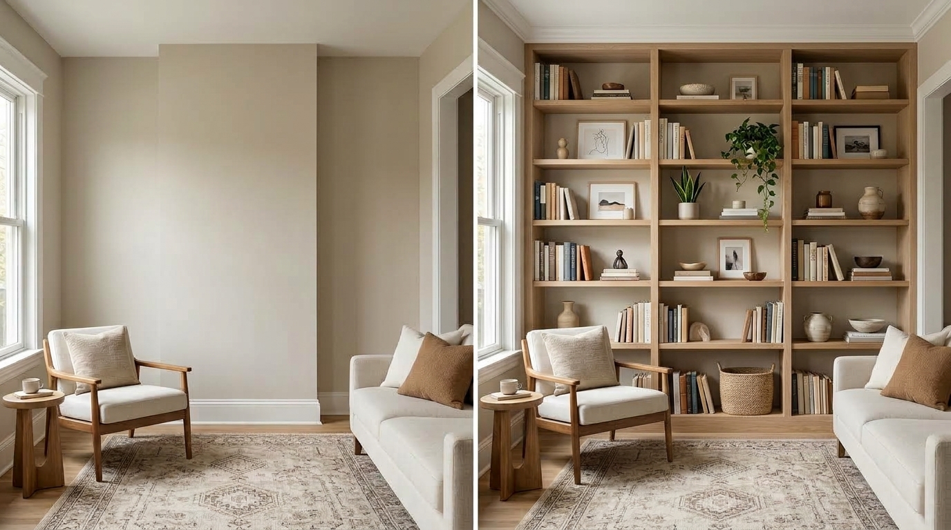 Living room wall before and after adding floor-to-ceiling built-in shelves