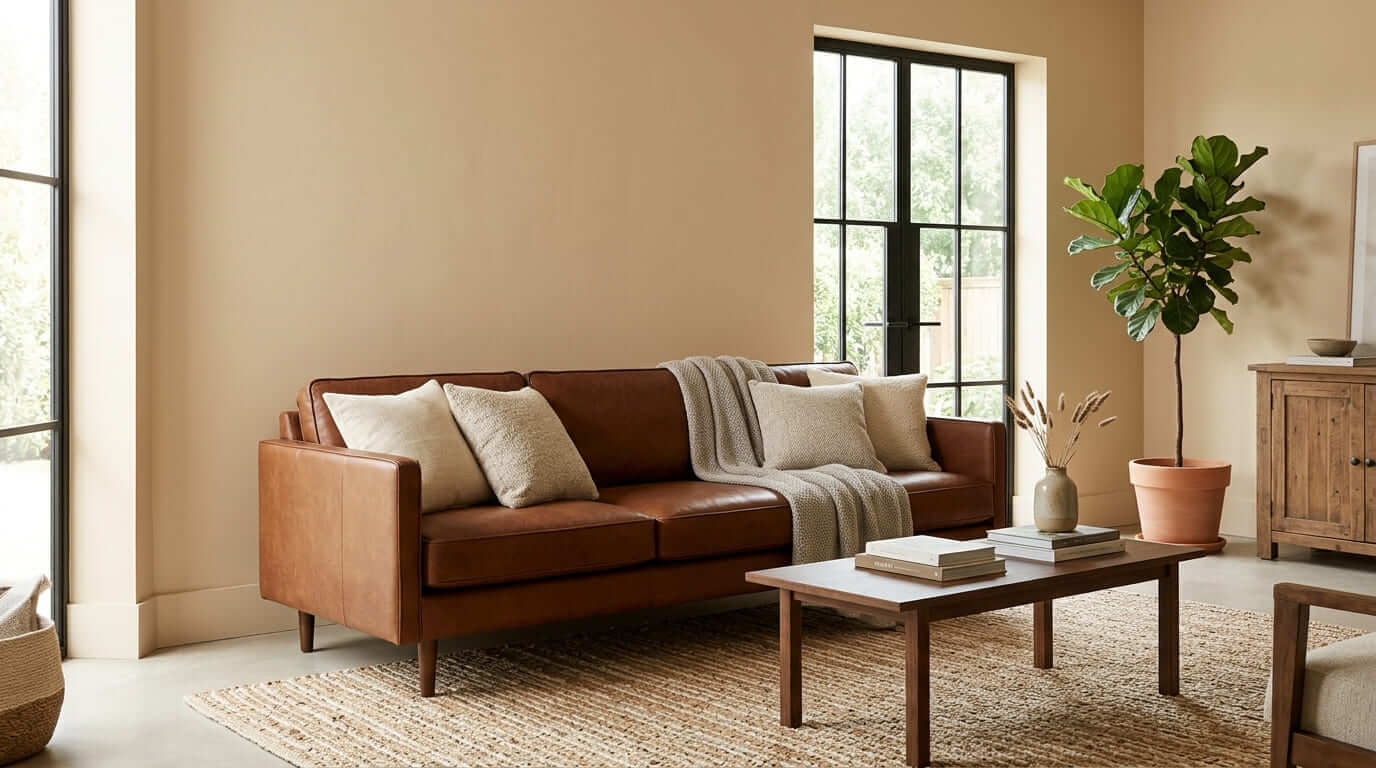 Brown couch living room with warm neutral walls and simple layered decor