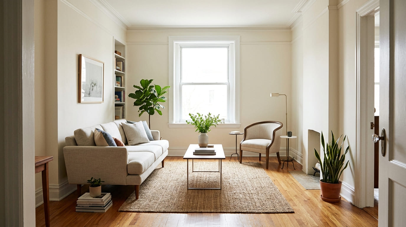 Small living room decor ideas using a compact sofa and armchair with open floor space