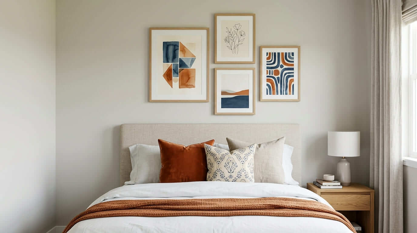 Bedroom gallery wall with framed artwork centered above the bed