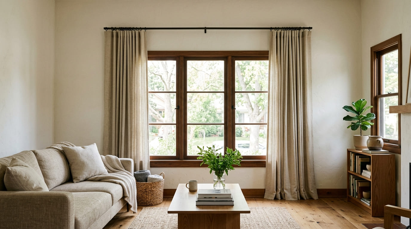 High-mounted curtains in a living room
