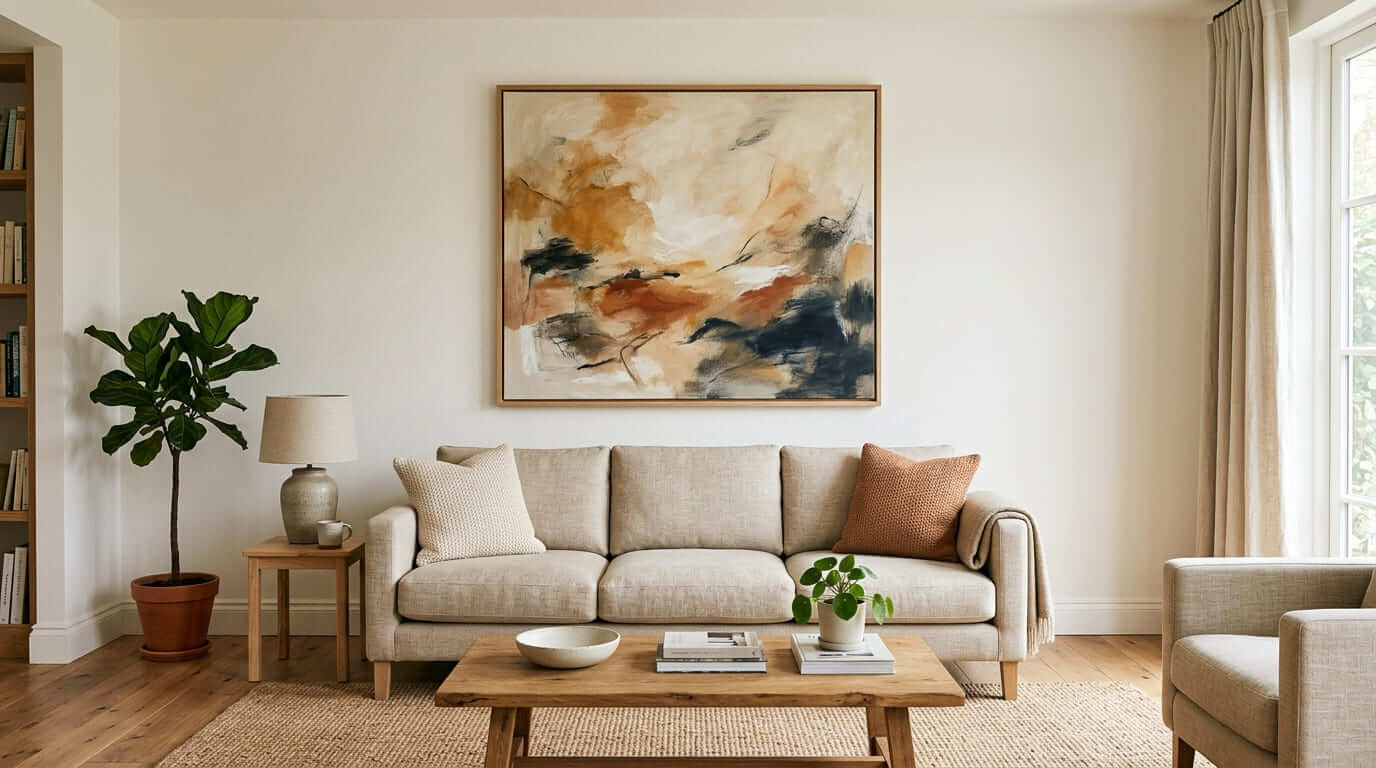 Large artwork above sofa in living room