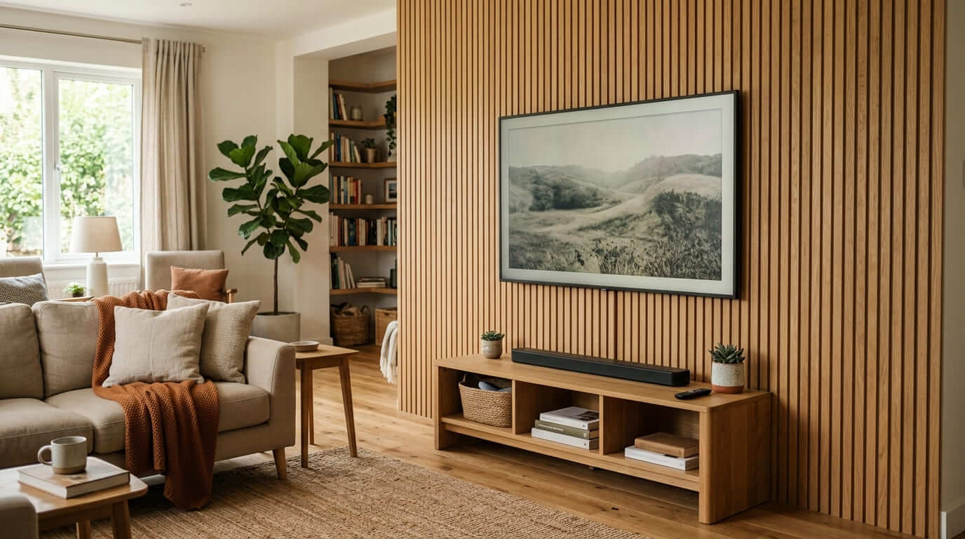 TV wall with open shelving in a neutral living room