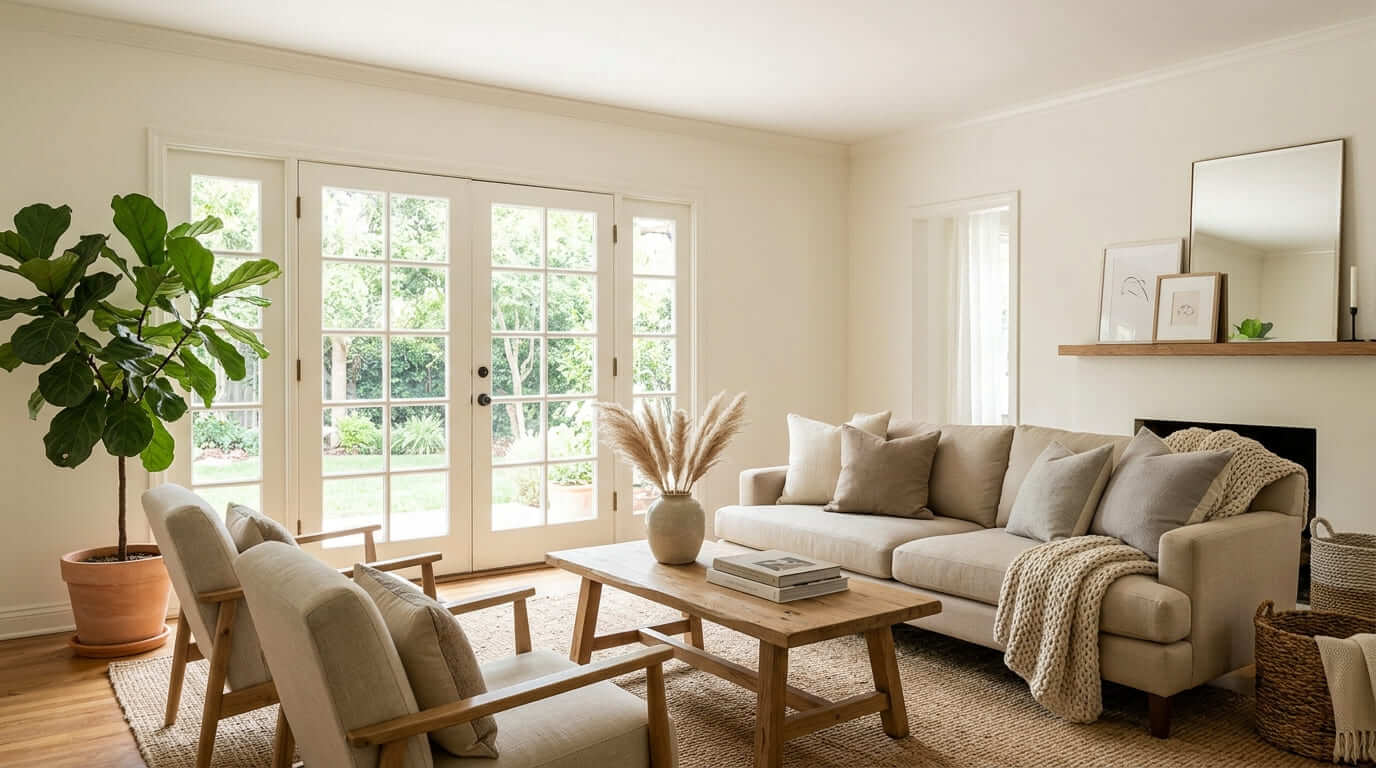 Living room with warm white walls, beige sofa, natural wood furniture, and soft natural light