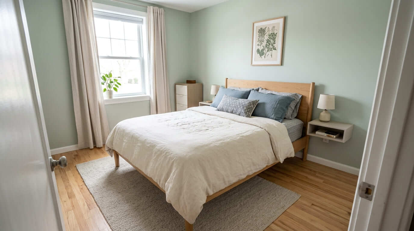Small bedroom with a bed sized to leave comfortable walking space