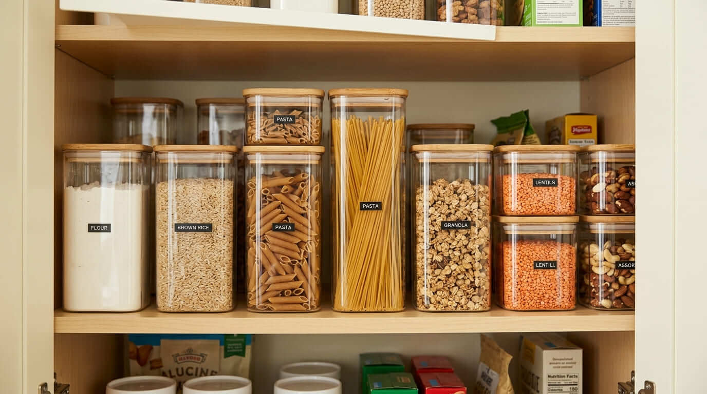 Clear matching containers organizing pantry items in a kitchen cabinet