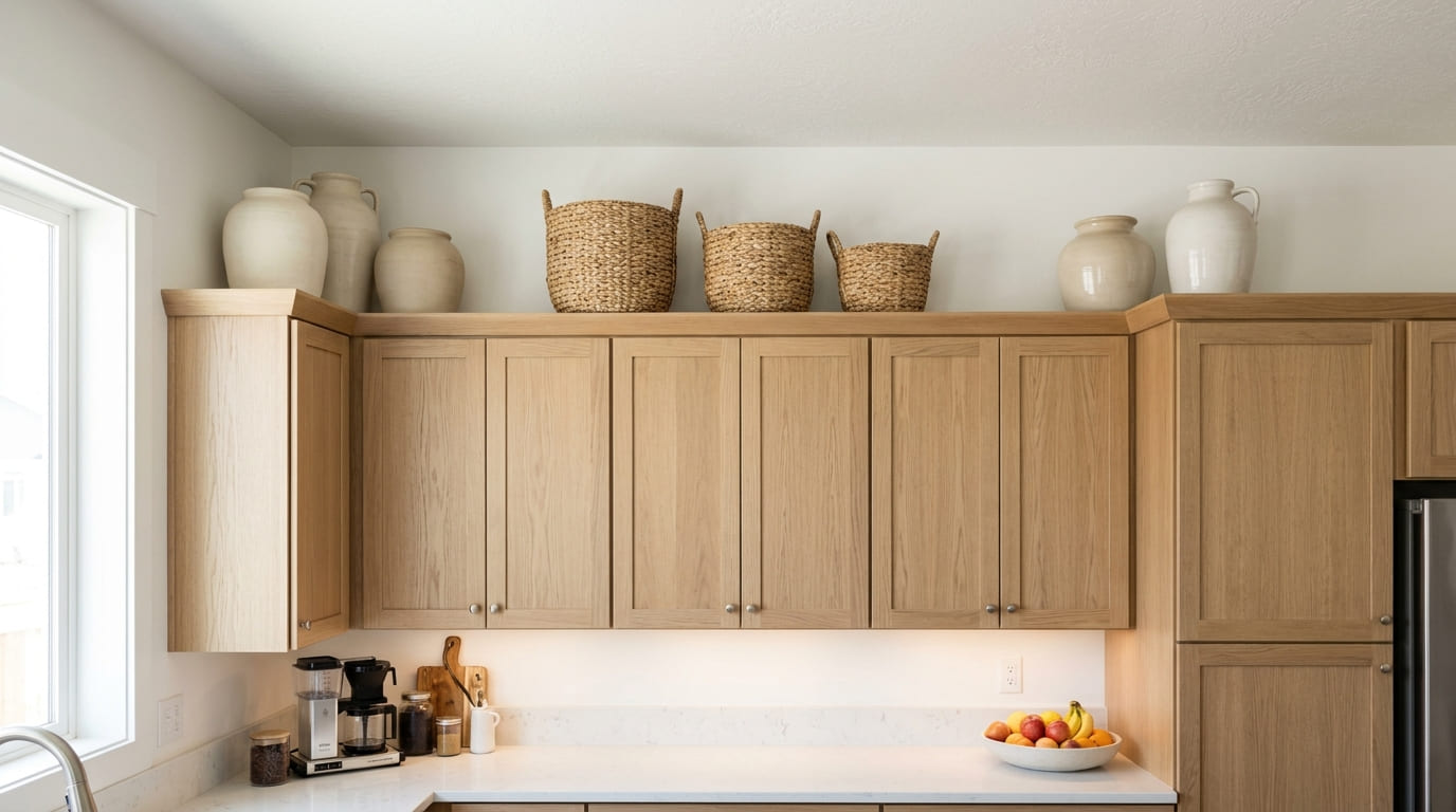 Styled decor above kitchen cabinets with baskets and ceramic vessels