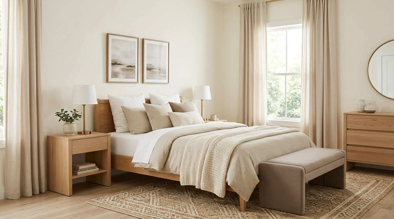Guest bedroom with a calm neutral color palette and warm wood accents