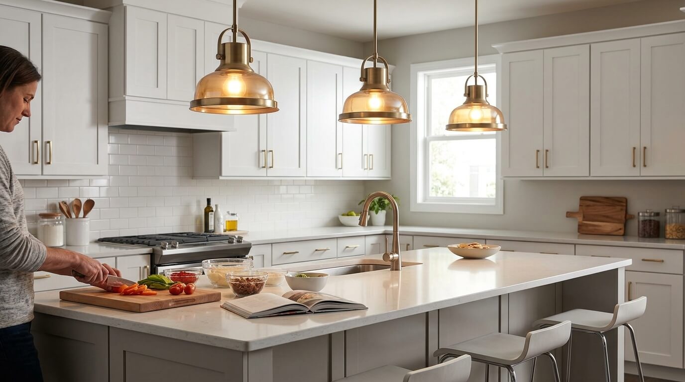 Pendant lights hanging above a kitchen island countertop