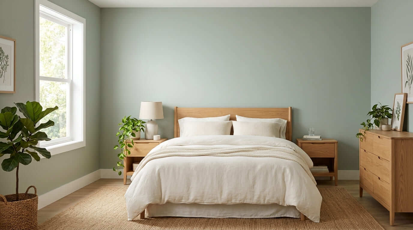Adult bedroom with soft sage green walls and natural wood furniture