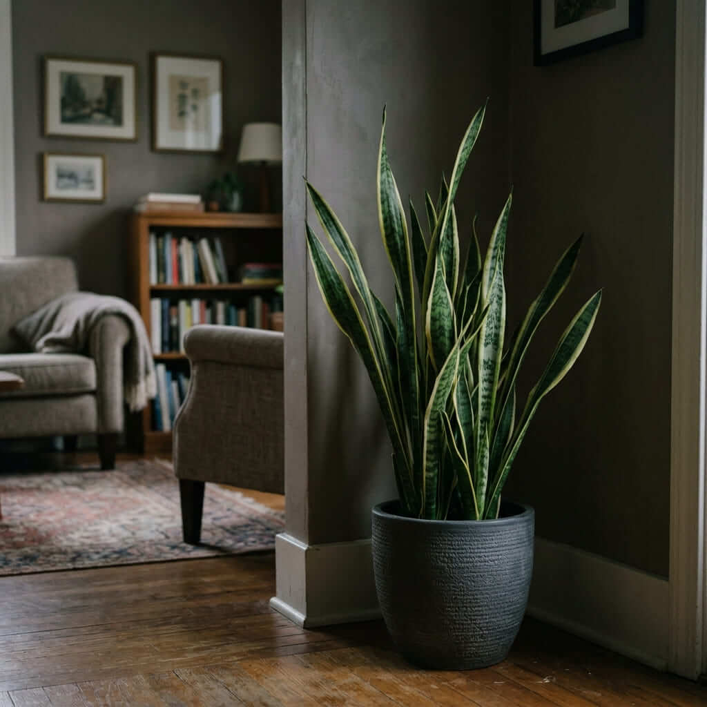 Snake plant in a pot in a dim corner of a living room