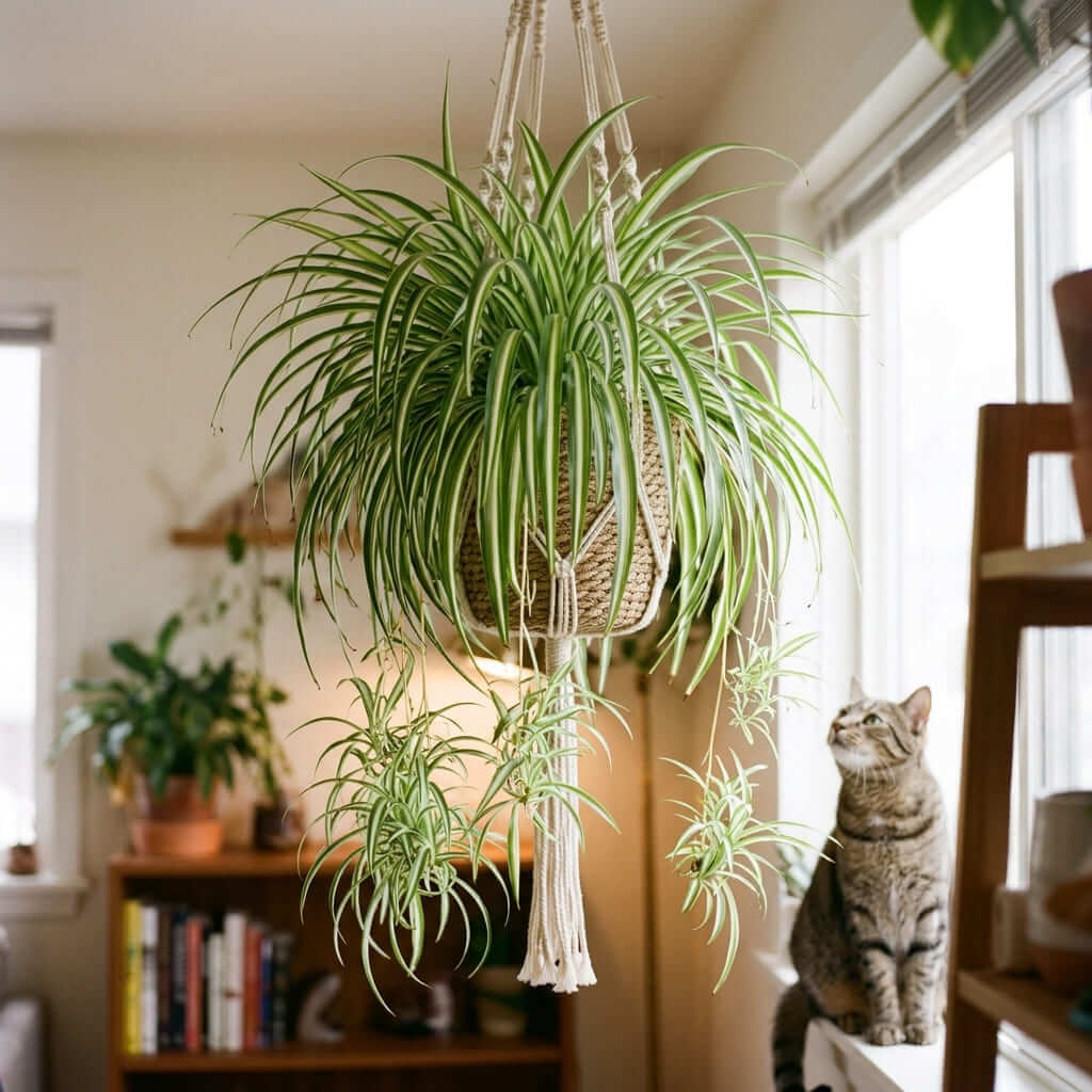 Spider plant with striped leaves in a hanging planter